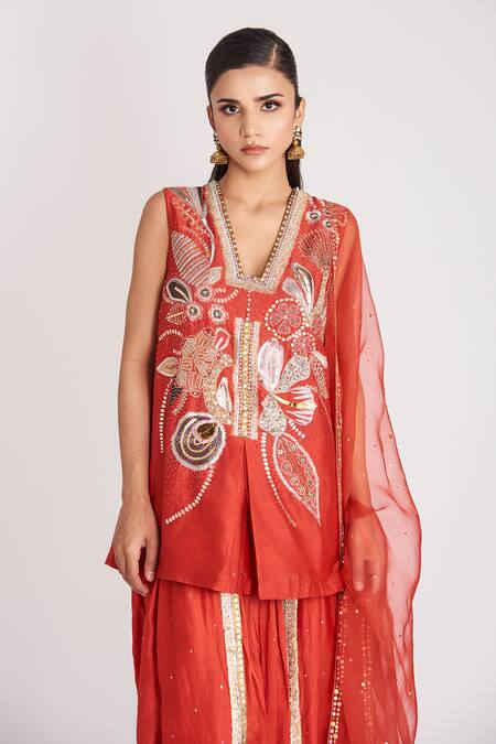 Buy_Aisha Rao_Red Chanderi, Organza Sequins, Embroidery Embellished Short Kurta Dhoti Pant Set _Online_at_Aza_Fashions