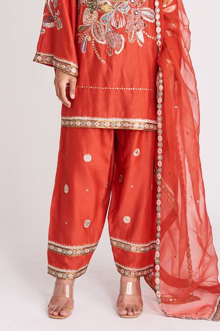 Aisha Rao_Red Chanderi, Organza Sequins, Embroidery Embellished Patiala Kurta Pant Set _Online_at_Aza_Fashions