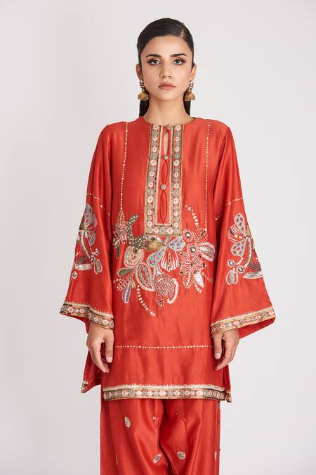 Buy_Aisha Rao_Red Chanderi, Organza Sequins, Embroidery Embellished Patiala Kurta Pant Set _Online_at_Aza_Fashions