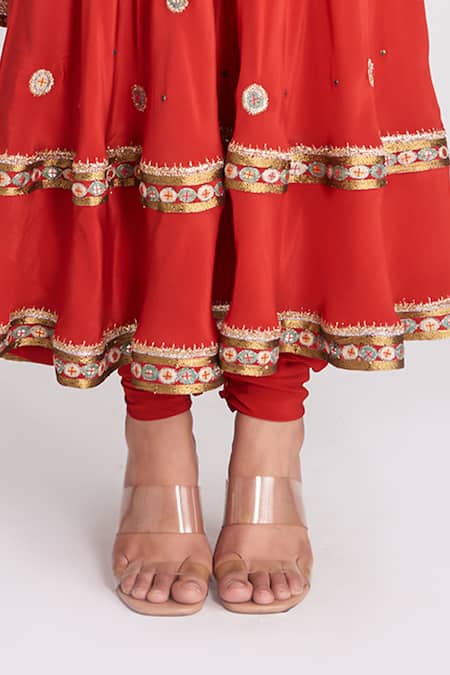 Buy_Aisha Rao_Red Crepe, Cotton Sequins, Embroidery Round Embellished Anarkali Churidar Set _Online_at_Aza_Fashions