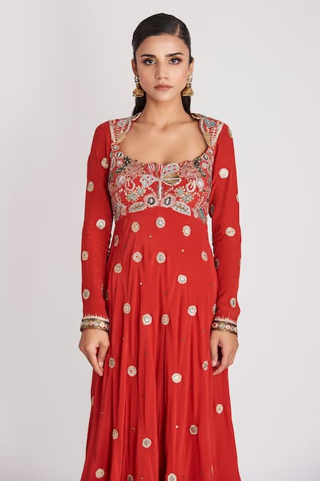 Shop_Aisha Rao_Red Crepe, Cotton Sequins, Embroidery Round Embellished Anarkali Churidar Set _Online_at_Aza_Fashions
