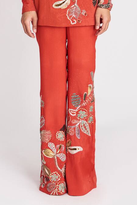 Aisha Rao_Red Silk Sequins, Embroidery V-neck Embellished Top And Pant Set _Online_at_Aza_Fashions