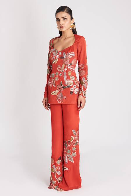 Buy_Aisha Rao_Red Silk Sequins, Embroidery V-neck Embellished Top And Pant Set _Online_at_Aza_Fashions