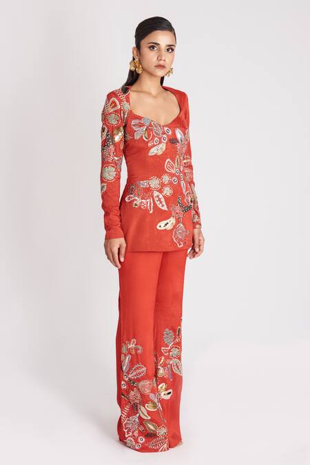 Shop_Aisha Rao_Red Silk Sequins, Embroidery V-neck Embellished Top And Pant Set _Online_at_Aza_Fashions