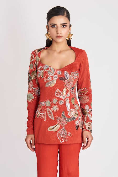 Aisha Rao_Red Silk Sequins, Embroidery V-neck Embellished Top And Pant Set _at_Aza_Fashions