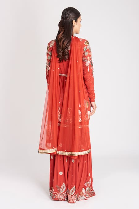 Shop_Aisha Rao_Red Tulle Sequins, Embroidery V-neck Embellished Kurta Gharara Set _at_Aza_Fashions