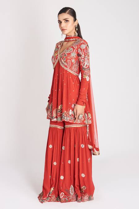 Aisha Rao_Red Tulle Sequins, Embroidery V-neck Embellished Kurta Gharara Set _Online_at_Aza_Fashions