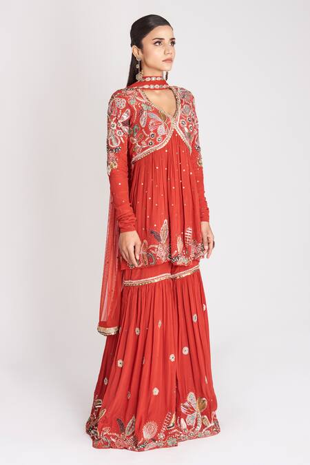 Buy_Aisha Rao_Red Tulle Sequins, Embroidery V-neck Embellished Kurta Gharara Set _Online_at_Aza_Fashions