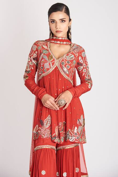 Shop_Aisha Rao_Red Tulle Sequins, Embroidery V-neck Embellished Kurta Gharara Set _Online_at_Aza_Fashions