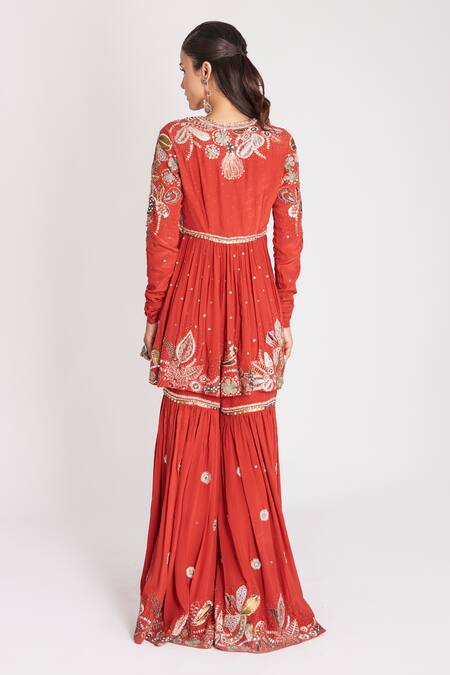 Aisha Rao_Red Tulle Sequins, Embroidery V-neck Embellished Kurta Gharara Set _at_Aza_Fashions