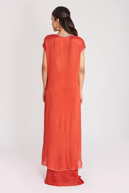 Shop Aisha Rao Red Chiffon, Satin Sequins, Embroidery V-neck Embellished Tunic And Skirt Set at Aza Fashions Shop_Aisha Rao_Red Chiffon, Satin Sequins, Embroidery V-neck Embellished Tunic And Skirt Set _at_Aza_Fashions