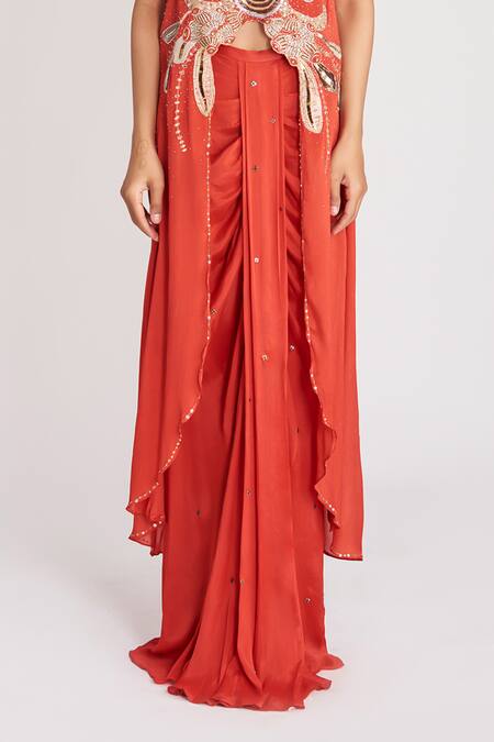 Aisha Rao Red Chiffon, Satin Sequins, Embroidery V-neck Embellished Tunic And Skirt Set Online at Aza Fashions Aisha Rao_Red Chiffon, Satin Sequins, Embroidery V-neck Embellished Tunic And Skirt Set _Online_at_Aza_Fashions