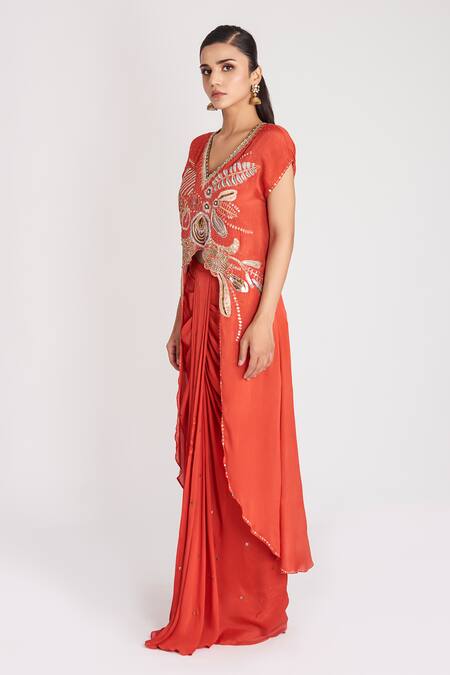Buy Aisha Rao Red Chiffon, Satin Sequins, Embroidery V-neck Embellished Tunic And Skirt Set Online at Aza Fashions Buy_Aisha Rao_Red Chiffon, Satin Sequins, Embroidery V-neck Embellished Tunic And Skirt Set _Online_at_Aza_Fashions