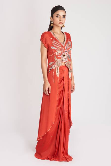 Shop Aisha Rao Red Chiffon, Satin Sequins, Embroidery V-neck Embellished Tunic And Skirt Set Online at Aza Fashions Shop_Aisha Rao_Red Chiffon, Satin Sequins, Embroidery V-neck Embellished Tunic And Skirt Set _Online_at_Aza_Fashions