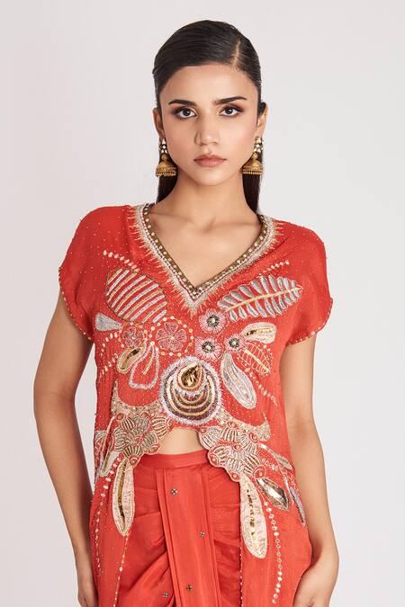 Aisha Rao Red Chiffon, Satin Sequins, Embroidery V-neck Embellished Tunic And Skirt Set at Aza Fashions Aisha Rao_Red Chiffon, Satin Sequins, Embroidery V-neck Embellished Tunic And Skirt Set _at_Aza_Fashions