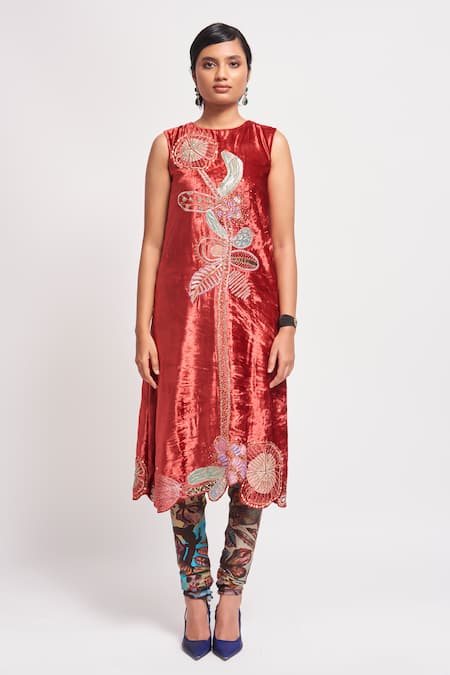 Aisha Rao Red Velvet Sequins Round Neck Imara Embellished Straight Kurta And Churidar Set 
