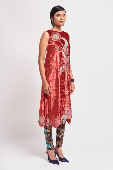 Buy Aisha Rao Red Velvet Sequins Round Neck Imara Embellished Straight Kurta And Churidar Set Online at Aza Fashions Buy_Aisha Rao_Red Velvet Sequins Round Neck Imara Embellished Straight Kurta And Churidar Set _Online_at_Aza_Fashions