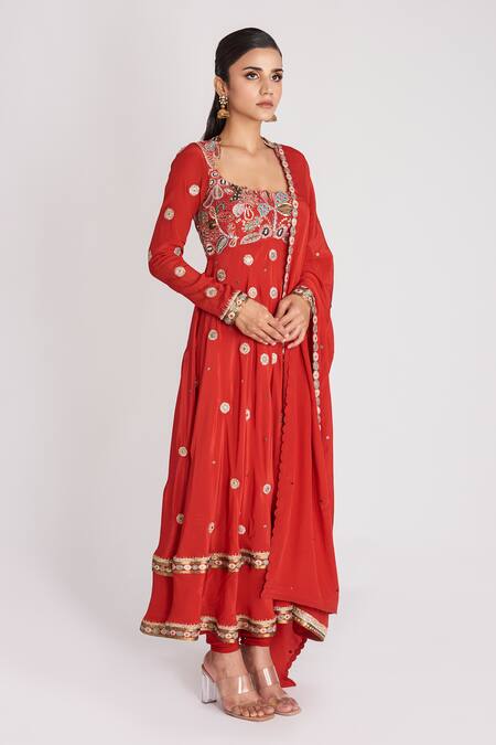 Aisha Rao_Red Crepe, Cotton Sequins, Embroidery Round Embellished Anarkali Churidar Set _at_Aza_Fashions