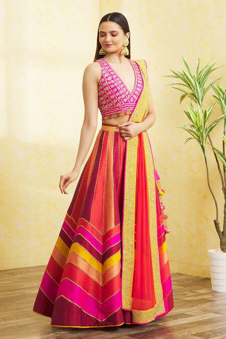 Shop Vandana Sethi Multi Color Silk Mirrors, Block Bridal Lehenga Set With Embellished Blouse Online at Aza Fashions Shop_Vandana Sethi_Multi Color Silk Mirrors, Block Bridal Lehenga Set With Embellished Blouse _Online_at_Aza_Fashions