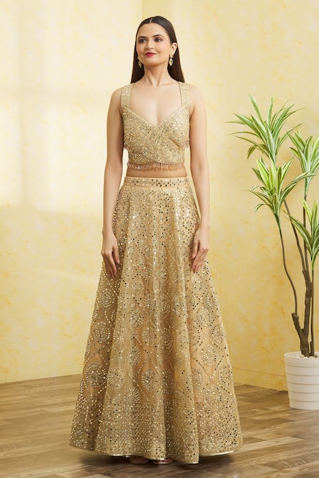 Vandana Sethi Gold Organza Tassels, Embroidery, Mirrors, Gota Patti And Work Lehenga Set Online at Aza Fashions Vandana Sethi_Gold Organza Tassels, Embroidery, Mirrors, Gota Patti And Work Lehenga Set _Online_at_Aza_Fashions