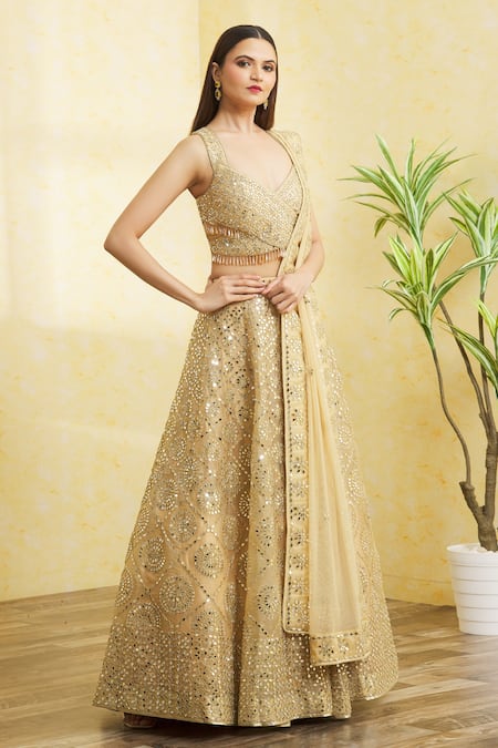 Shop Vandana Sethi Gold Organza Tassels, Embroidery, Mirrors, Gota Patti And Work Lehenga Set Online at Aza Fashions Shop_Vandana Sethi_Gold Organza Tassels, Embroidery, Mirrors, Gota Patti And Work Lehenga Set _Online_at_Aza_Fashions