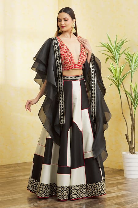 Buy_Vandana Sethi_Black Silk Mirrors, Piping Plunge Color Block Lehenga Set With Ruffle Dupatta _Online_at_Aza_Fashions