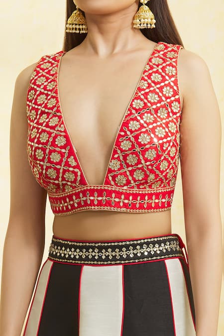 Shop_Vandana Sethi_Black Silk Mirrors, Piping Plunge Color Block Lehenga Set With Ruffle Dupatta _Online_at_Aza_Fashions