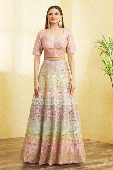 Vandana Sethi Multi Color Silk Tassels, Embroidery, Sequins, And Colorblock Bridal Lehenga Set Online at Aza Fashions Vandana Sethi_Multi Color Silk Tassels, Embroidery, Sequins, And Colorblock Bridal Lehenga Set _Online_at_Aza_Fashions