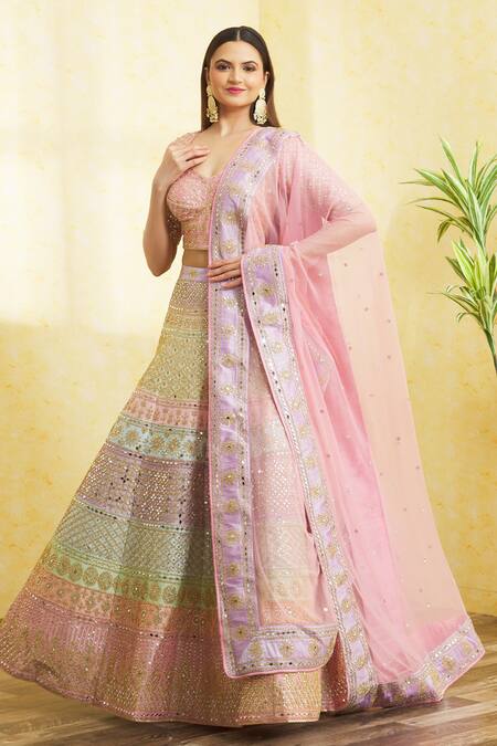 Shop Vandana Sethi Multi Color Silk Tassels, Embroidery, Sequins, And Colorblock Bridal Lehenga Set Online at Aza Fashions Shop_Vandana Sethi_Multi Color Silk Tassels, Embroidery, Sequins, And Colorblock Bridal Lehenga Set _Online_at_Aza_Fashions