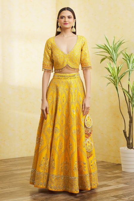 Vandana Sethi Yellow , Satin Tassels, Embroidery, Mirrors, And Bridal Lehenga Set Online at Aza Fashions Vandana Sethi_Yellow , Satin Tassels, Embroidery, Mirrors, And Bridal Lehenga Set _Online_at_Aza_Fashions