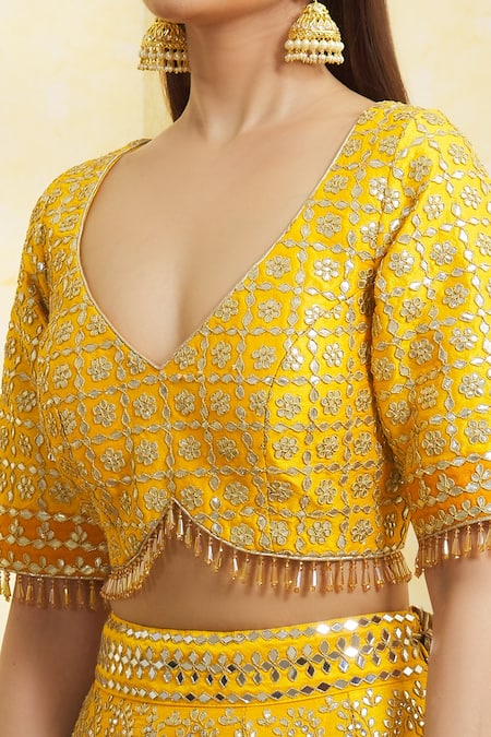 Buy Vandana Sethi Yellow , Satin Tassels, Embroidery, Mirrors, And Bridal Lehenga Set Online at Aza Fashions Buy_Vandana Sethi_Yellow , Satin Tassels, Embroidery, Mirrors, And Bridal Lehenga Set _Online_at_Aza_Fashions
