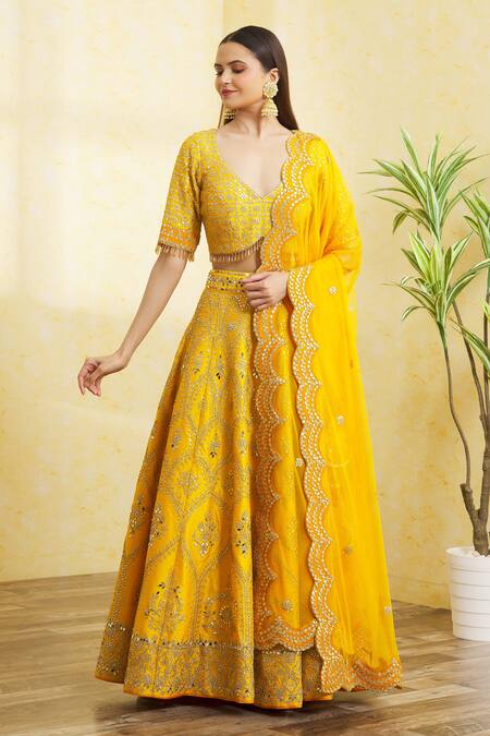Shop Vandana Sethi Yellow , Satin Tassels, Embroidery, Mirrors, And Bridal Lehenga Set Online at Aza Fashions Shop_Vandana Sethi_Yellow , Satin Tassels, Embroidery, Mirrors, And Bridal Lehenga Set _Online_at_Aza_Fashions