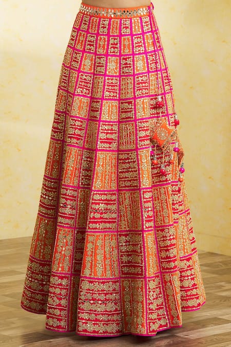 Vandana Sethi_Fuchsia Silk Embroidery, Sequins, Tassels, Mirrors Colorblock Lehenga Set _at_Aza_Fashions