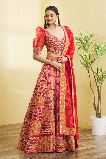 Shop_Vandana Sethi_Fuchsia Silk Embroidery, Sequins, Tassels, Mirrors Colorblock Lehenga Set _Online_at_Aza_Fashions