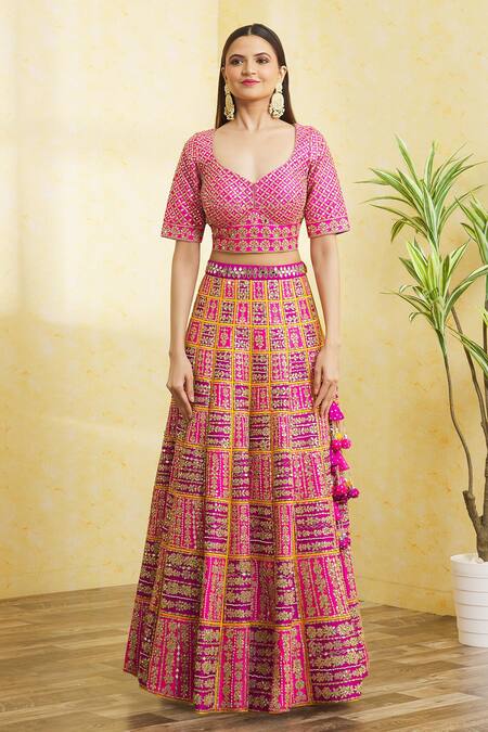 Vandana Sethi Purple Silk Gota Patti, Sequins, Colorblock Embroidered Bridal Lehenga Set Online at Aza Fashions Vandana Sethi_Purple Silk Gota Patti, Sequins, Colorblock Embroidered Bridal Lehenga Set _Online_at_Aza_Fashions