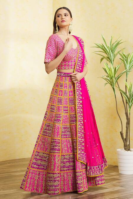 Shop Vandana Sethi Purple Silk Gota Patti, Sequins, Colorblock Embroidered Bridal Lehenga Set Online at Aza Fashions Shop_Vandana Sethi_Purple Silk Gota Patti, Sequins, Colorblock Embroidered Bridal Lehenga Set _Online_at_Aza_Fashions