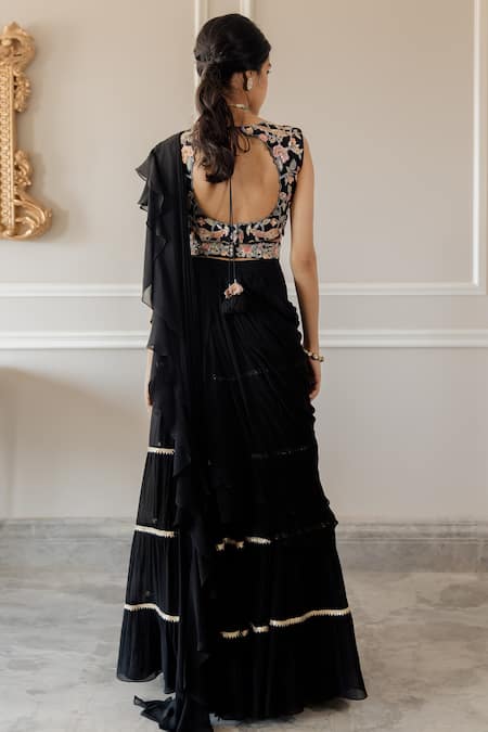 Shop_Paulmi And Harsh_Black Saree Georgette Blouse Cotton Silk Floral Motif V Neck Pre-draped With _at_Aza_Fashions