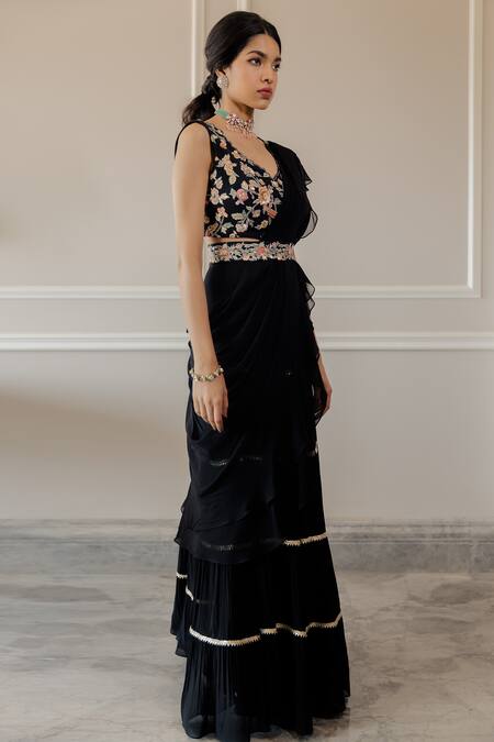 Paulmi And Harsh_Black Saree Georgette Blouse Cotton Silk Floral Motif V Neck Pre-draped With _Online_at_Aza_Fashions
