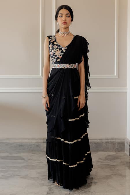Shop_Paulmi And Harsh_Black Saree Georgette Blouse Cotton Silk Floral Motif V Neck Pre-draped With _Online_at_Aza_Fashions