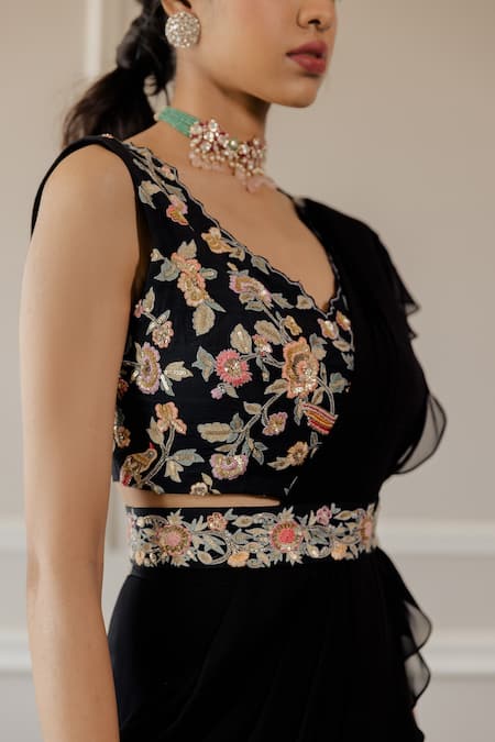 Paulmi And Harsh_Black Saree Georgette Blouse Cotton Silk Floral Motif V Neck Pre-draped With _at_Aza_Fashions
