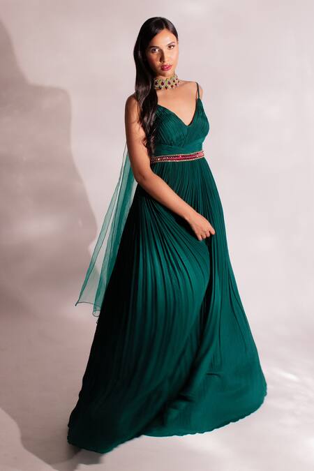 Anshika Tak Label_Green Georgette, Net Embroidery V-neck Pleated Anarkali With Choker Dupatta _at_Aza_Fashions