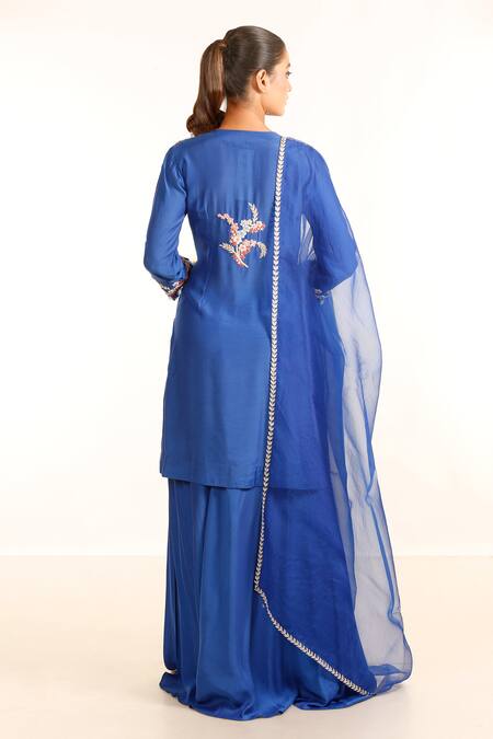 Shop_Garo_Blue Silk, Muslin, Organza Embroidery Turtle Neck Placement Kurta Palazzo Set_at_Aza_Fashions