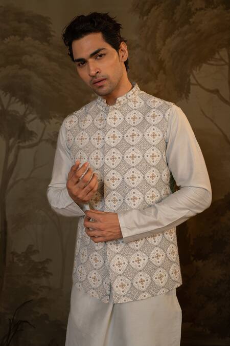 Darshika Menswear Blue Cotton, Silk Embroidery Geometric Bundi Kurta Set Online at Aza Fashions Darshika Menswear_Blue Cotton, Silk Embroidery Geometric Bundi Kurta Set _Online_at_Aza_Fashions