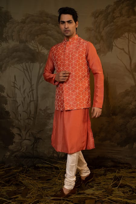 Darshika Menswear Geometric Embroidered Bundi Kurta Set 