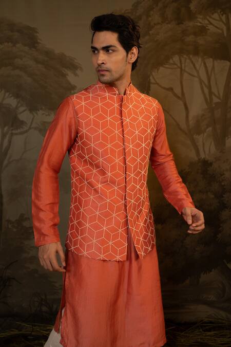 Darshika Menswear Coral Viscose Embroidery Geometric Bundi Kurta Set Online at Aza Fashions Darshika Menswear_Coral Viscose Embroidery Geometric Bundi Kurta Set _Online_at_Aza_Fashions