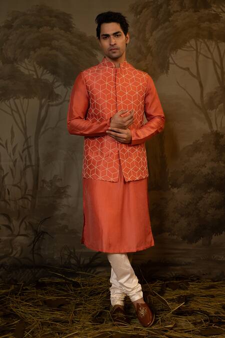 Buy Darshika Menswear Coral Viscose Embroidery Geometric Bundi Kurta Set Online at Aza Fashions Buy_Darshika Menswear_Coral Viscose Embroidery Geometric Bundi Kurta Set _Online_at_Aza_Fashions