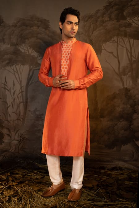 Darshika Menswear Coral Viscose Embroidered Geometric Placket Kurta With Pant 