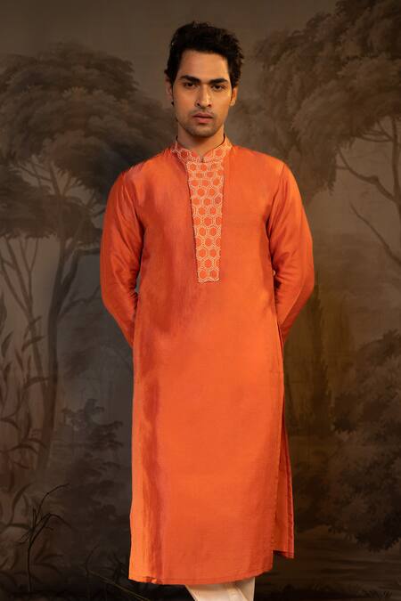 Darshika Menswear_Coral Viscose Embroidery Placket Kurta With Pant _Online_at_Aza_Fashions