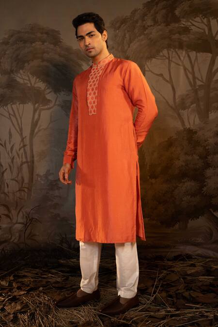 Buy_Darshika Menswear_Coral Viscose Embroidery Placket Kurta With Pant _Online_at_Aza_Fashions