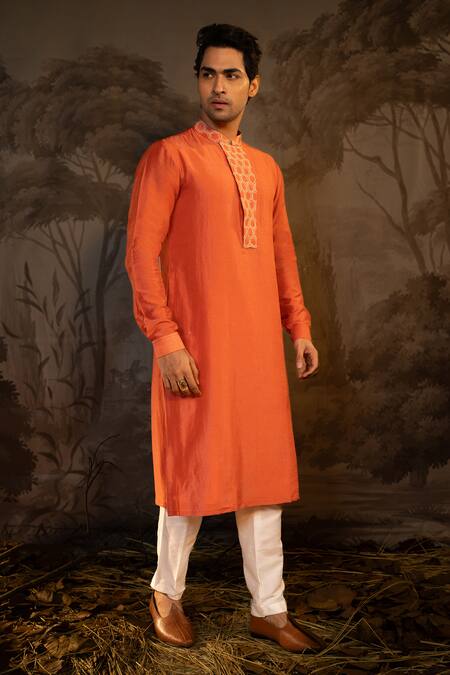 Shop_Darshika Menswear_Coral Viscose Embroidery Placket Kurta With Pant _Online_at_Aza_Fashions
